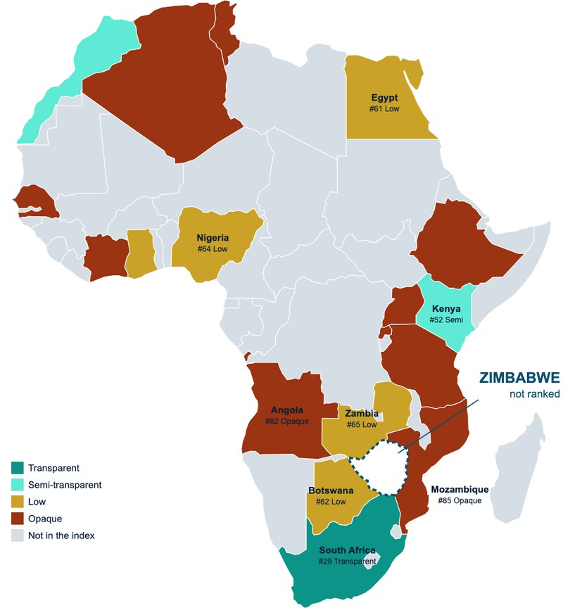 Map of Africa showing transparency tiers in 2026, with Zimbabwe not ranked